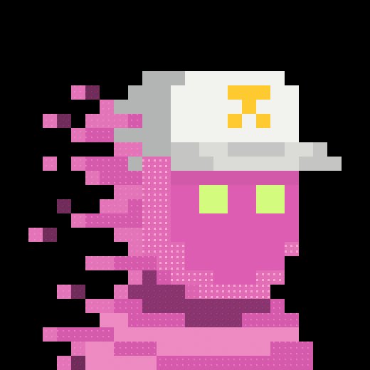 A pixel art sprite of a pink character wearing a white and grey cap with a yellow logo, featuring green eyes and a glitching or pixelated effect on its left side.