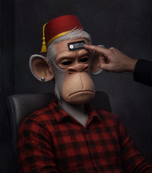 A 3D-rendered cartoon monkey wearing a red and black plaid shirt and a red bellhop hat, while a human hand places an OpenSea NFT card on its forehead.