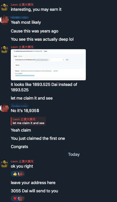 A Discord conversation shows users discussing a forgotten DeFi bounty worth 18,935$ (originally 1893.525 DAI) related to a "deliberateunclaimedbounty" contract, with one user successfully claiming the reward and another offering to send 3055 Dai for sharing their address. This aligns with the post about bounty hunters targeting the author's chain for long-forgotten DeFi assets that have remained unclaimed for several years.