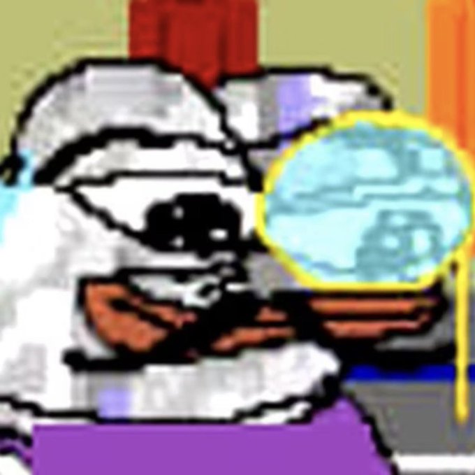 A low-quality, pixelated meme image showing a character holding up a bubble with a landscape inside it.