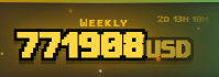 A gold-themed digital display showing 'WEEKLY' earnings of '771908 USD' with a countdown timer '2D 13H 18M'.