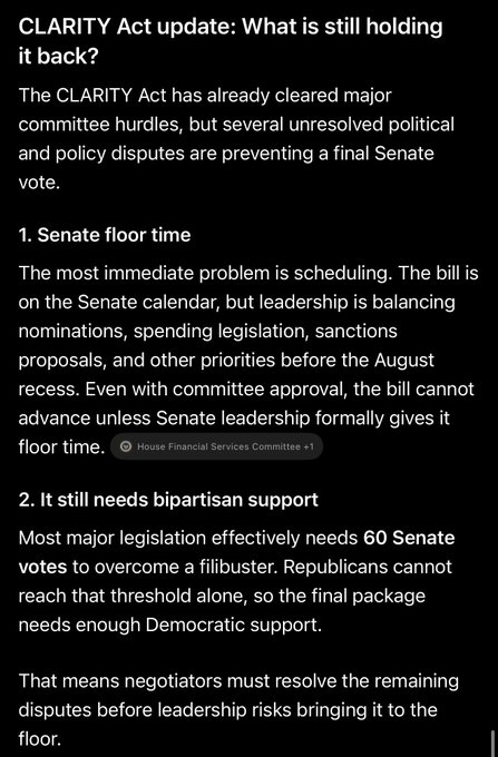 The image is a text-based update on the CLARITY Act, explaining that despite clearing major committee hurdles, unresolved political disputes are delaying a final Senate vote, with key obstacles including scheduling floor time and securing bipartisan support to reach the 60-vote threshold needed to overcome a filibuster.

This directly supports the post by detailing two of the "7 major obstacles" mentioned—specifically the scheduling bottleneck and the bipartisan support requirement—showing the legislative hurdles still standing between the bill and its passage.