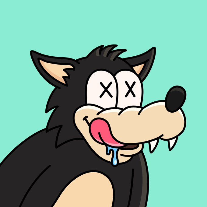A cartoon illustration of a black wolf with X-shaped eyes, fangs, and its tongue hanging out against a teal background.