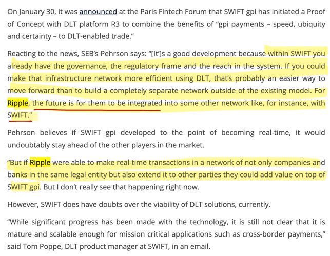 The image shows a news article about SWIFT gpi's Proof of Concept with DLT platform R3, featuring a quote from SEB's Pehrson stating, "For Ripple, the future is for them to be integrated into some other network like, for instance, with SWIFT," directly supporting the post's claim about Ripple's potential integration with SWIFT.