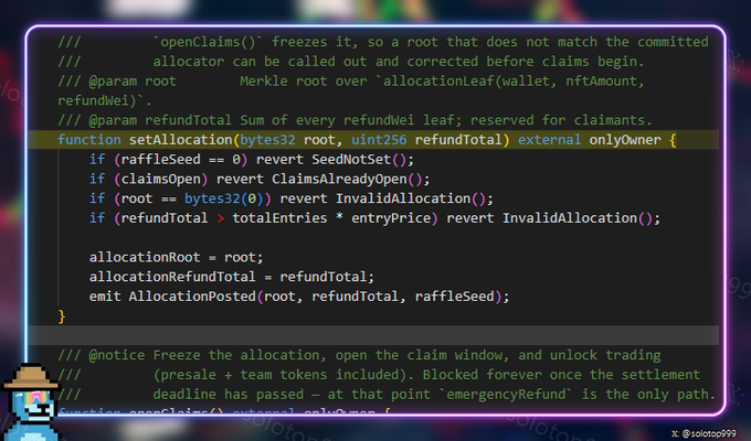 A screenshot of Solidity code showing the 'setAllocation' function in a smart contract, with comments about 'allocationLeaf(wallet, nftAmount, refundWei)' and freezing allocation for claims.