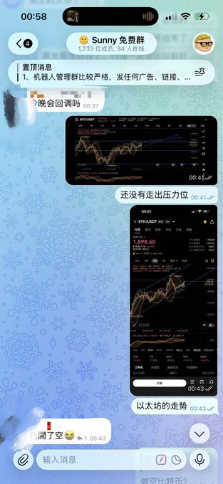 A Telegram chat screenshot in Chinese from group 'Sunny 免费群' with 1,233 members, showing trading chart discussions including ETHUSDT at 1,898.60 and analysis messages about Taifang's price movement.