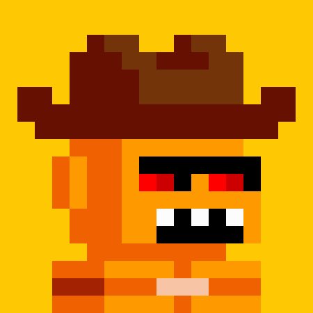 A pixel art illustration of an orange character with red eyes, white teeth, and a brown hat on a yellow background, appearing to be a meme-style character.
