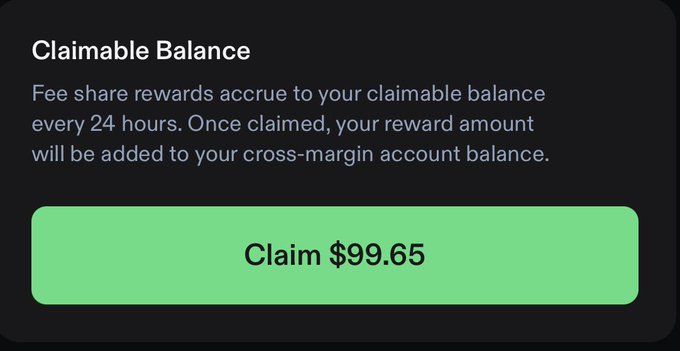 The image shows a "Claimable Balance" interface displaying $99.65 in accrued fee share rewards with a green "Claim $99.65" button, accompanied by text explaining that rewards accrue every 24 hours and transfer to the cross-margin account balance when claimed. This supports the post celebrating earning approximately $100 in rewards from Phoenix Trade's fee share program after holding OI and running a delta-neutral RWA trading strategy, highlighting the promo code "GIVEN" for 10% off fees.