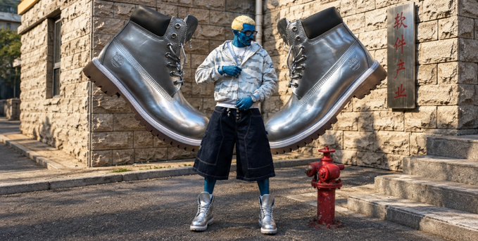 A person with blue skin and blonde hair standing on a street, wearing a silver jacket, dark shorts, and silver boots, with two giant silver boots superimposed on either side of them.