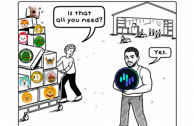 A person pushing a cart full of various meme coin logos (including Pepe, Doge, Shiba, and others) asks "Is that all you need?" while another man holding a large $ZIG token simply replies "Yes," suggesting that $ZIG is the only essential cryptocurrency compared to the abundance of other meme coins. In the background, a warehouse shows workers organizing more boxes of these altcoins, emphasizing that $ZIG stands alone as the singular choice.