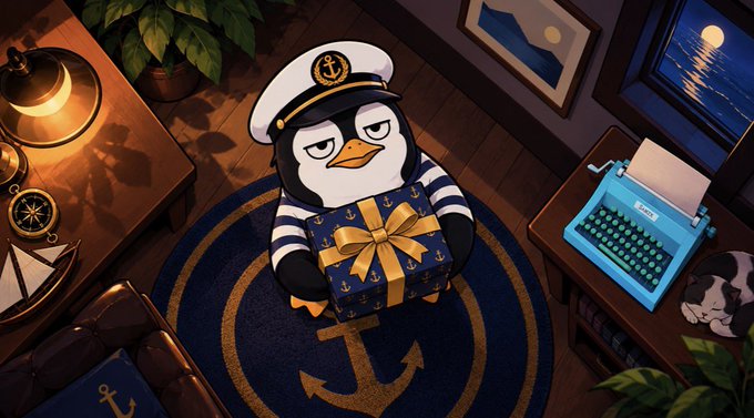 A cartoon penguin dressed in a sailor hat and striped shirt holds a blue gift box with gold ribbon, standing on a circular anchor-patterned rug in a warmly lit nautical-themed room with a typewriter and globe.