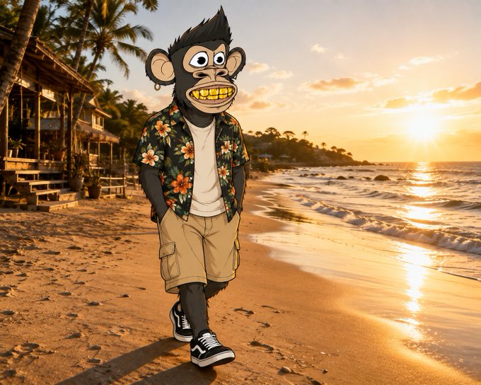An animated black monkey character with gold teeth, wearing a Hawaiian shirt and cargo shorts, walks along a beach at sunset.