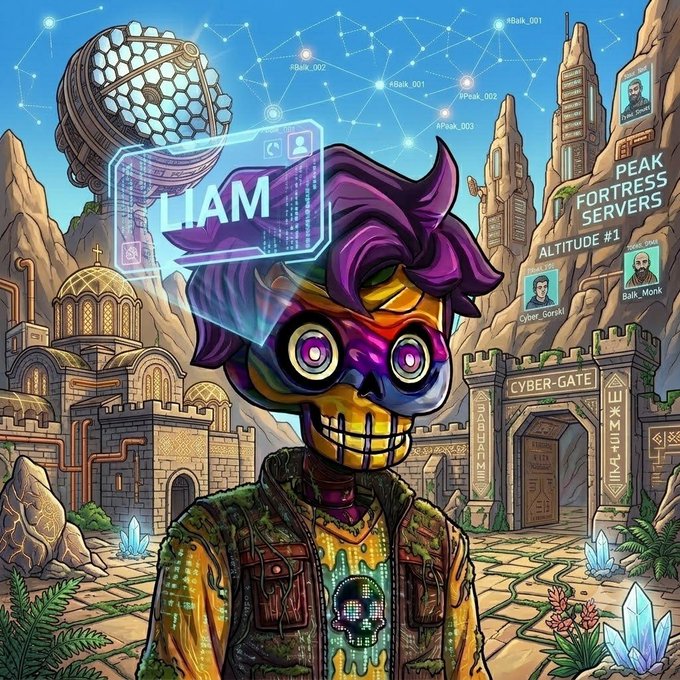 A vibrant digital artwork featuring a colorful skeleton character with purple hair labeled 'LIAM' in a chat bubble, set against a fantasy landscape with text like 'PEAK FORTRESS SERVERS' and 'CYBER-GATE'.