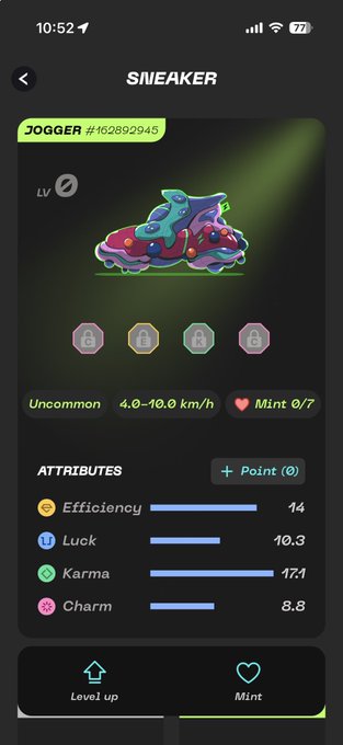 A mobile app screen displays a 'SNEAKER' NFT called 'JOGGER #'162892945' with an Uncommon rating, speed of 4.0-10.0 km/h, and attributes including Efficiency 14, Luck 10.3, Karma 171, and Charm 8.8.