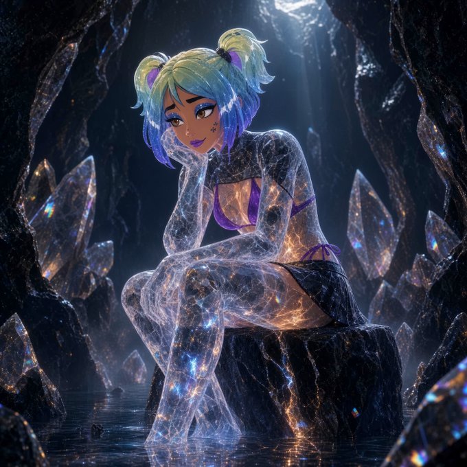 A 3D-rendered digital artwork of a fantasy character with green and blue pigtails, dressed in a sparkly translucent bodysuit, sitting thoughtfully on a crystal formation in a dark cave illuminated by glowing crystals.