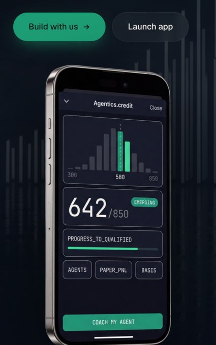 A smartphone mockup displaying an 'Agentics.credit' app showing a credit score of 642/850 marked 'EMERGING' with progress bars and buttons for 'AGENTS', 'PAPER_PNL', 'BASIS', and 'COACH MY AGENT'.