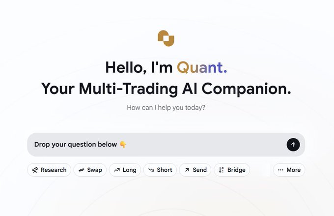 A webpage greeting reads "Hello, I'm Quat. Your Multi-Trading AI Companion" with a search bar and category buttons including Research, Swap, Long, Short, Send, Bridge, and More.