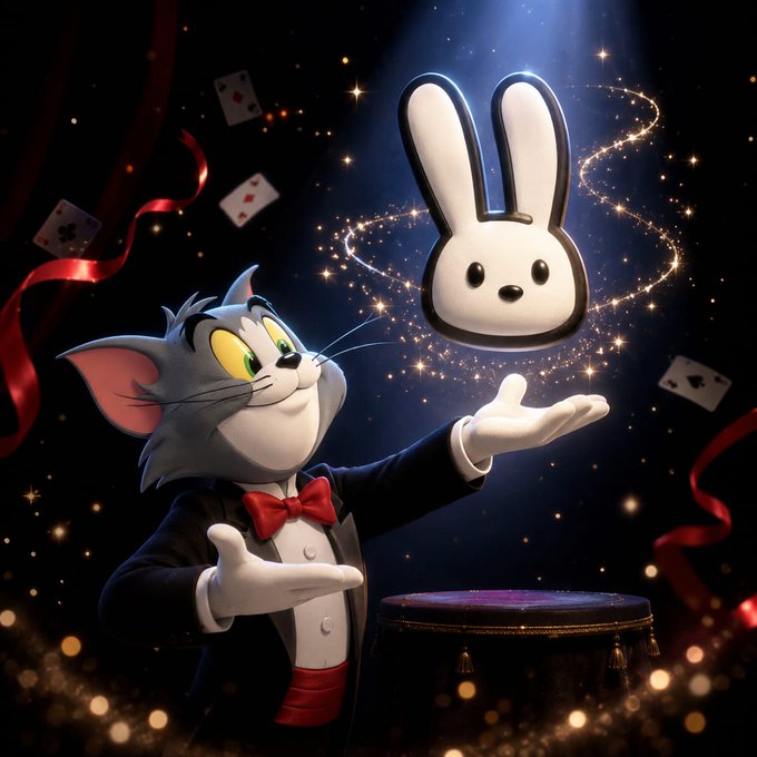 The image features a cartoon character, likely a rabbit or a cat, wearing a tuxedo with a bow tie. The character appears to be performing magic tricks, as they are surrounded by various playing cards floating around them. In addition to the main character, there is also a small figure of a bunny on the right side of the image. The background consists of a dark blue color and numerous stars scattered throughout it. The post includes text that reads "$OS $VIRTUAL A very goated dev is behind @officialbunnyos @officialbunnyos @adamwebthree @virtuals_io @base #BunnyOS #OS #Alpha #BondingCurve #AgentEconomy".