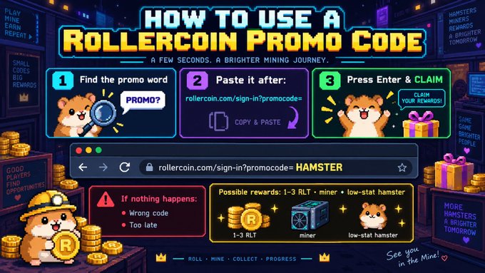 An infographic titled 'HOW TO USE A ROLLERCOIN PROMO CODE' showing three steps: finding the promo word, pasting it after 'rollercoin.com/sign-in?promocode=', and pressing Enter & Claim. The URL shown is 'rollercoin.com/sign-in?promocode=HAMSTER' with possible rewards of 1-3 RLT, a miner, or a low-stat hamster.