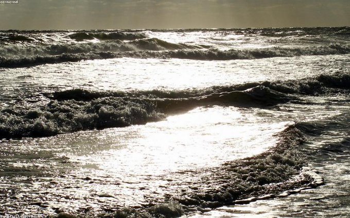 A black and white or desaturated photograph of ocean waves rolling in, with sunlight reflecting off the water's surface.