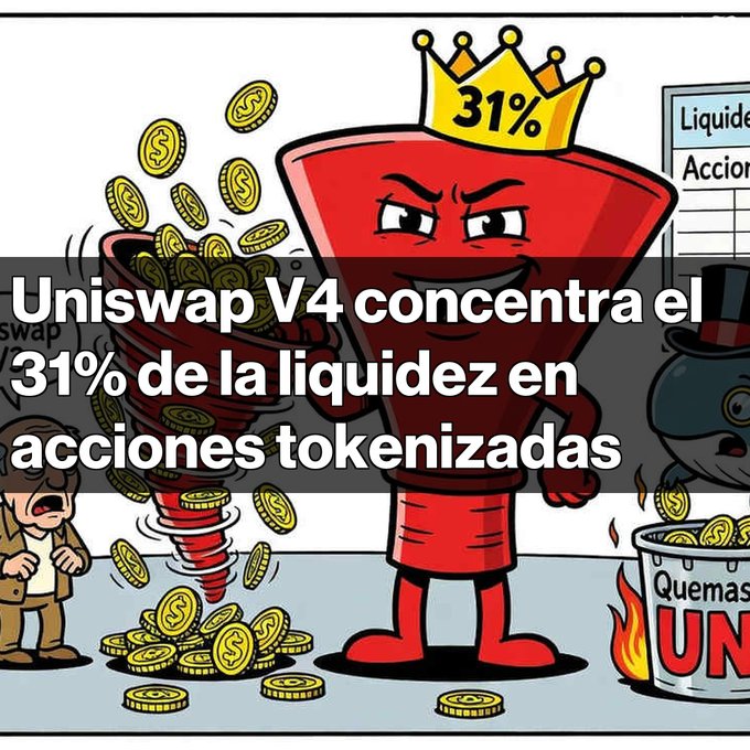 Cartoon illustration of a red funnel-shaped character wearing a "31%" crown holding coins, with text reading "Uniswap V4 concentra el 31% de la liquidez en acciones tokenizadas".