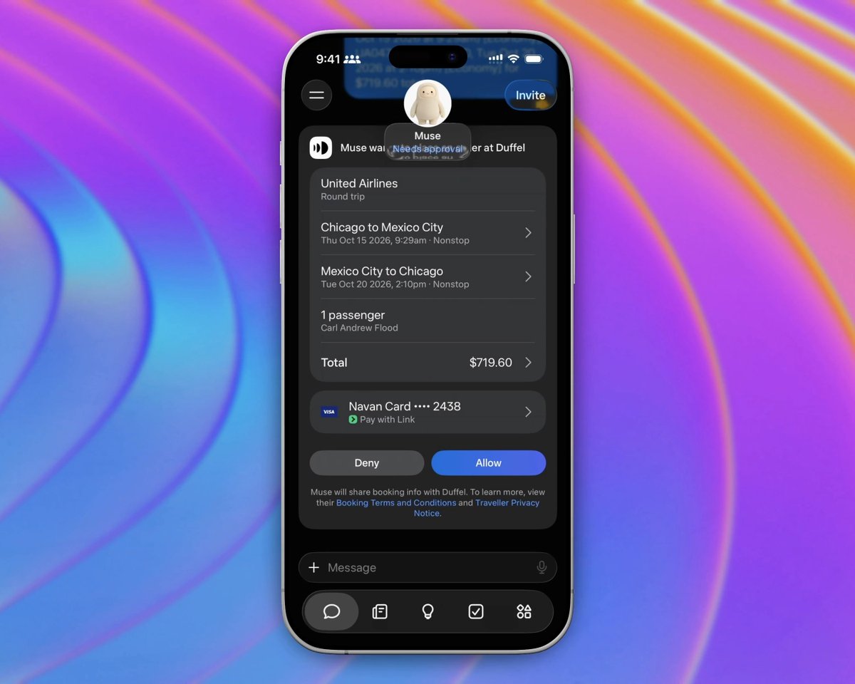 A smartphone displaying the ChatGPT app with an AI assistant named 'Muse' requesting approval for a United Airlines flight booking from Chicago to Mexico City using a Navan Card for $719.60.