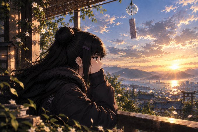 An anime-style illustration depicts a dark-haired girl looking out over a coastal Japanese city at sunset, with a wind chime hanging in the foreground and mountains visible across the water.