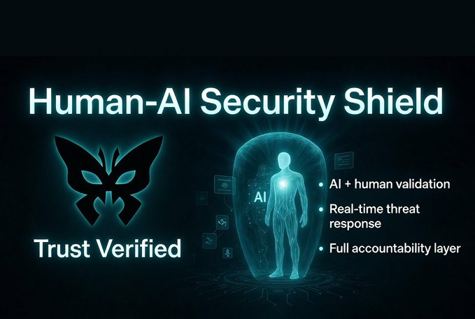 A promotional graphic titled 'Human-AI Security Shield' displays a stylized mask icon, a glowing human silhouette inside a shield, and bullet points reading 'AI + human validation', 'Real-time threat response', and 'Full accountability layer' alongside the text 'Trust Verified'.