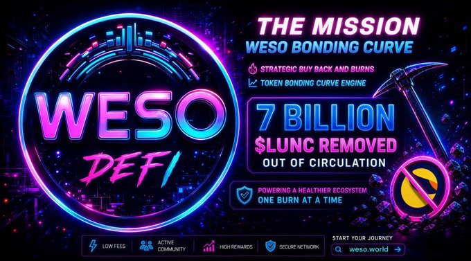 The image shows an illustration of a logo with blue neon hues for "WESO" (Weso Bonding Curve), accompanied by text stating "7 BILLION $LUNC REMOVED OUT OF CIRCULATION! The WESO Bonding Curve is delivering real results. Through strategic buybacks and burns powered by the Token Bonding Curve Engine, WESO DeFi has successfully removed 7 BILLION $LUNC from circulation."