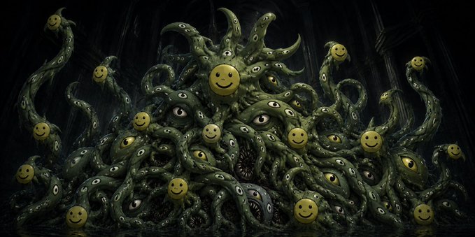 A dark, Lovecraftian illustration of a writhing mass of green tentacles covered with yellow smiley face badges and multiple eyes in a shadowy environment.