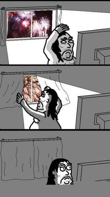 A three-panel black-and-white comic depicts a man watching fireworks through a window, then yanking a curtain closed over the Twin Towers in flames, before sitting silently in the dark.