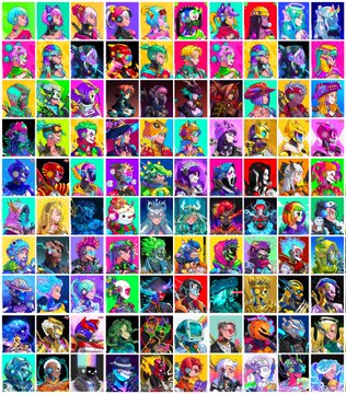 A grid collage of approximately 100 small, colorful NFT-style digital art portraits featuring various stylized character illustrations.