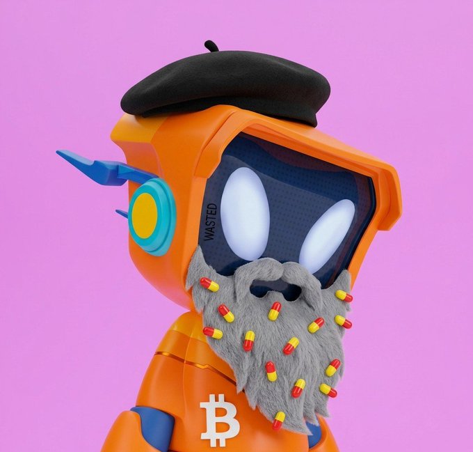 A stylized 3D rendering of an orange robot character wearing a black beret and a gray beard decorated with red and yellow pill capsules, with a Bitcoin symbol on its chest and 'WASTED' printed on its visor, set against a pink background.