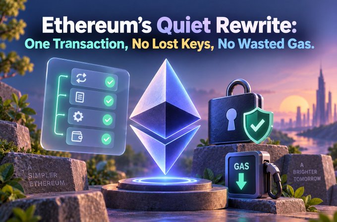 A digital graphic promoting Ethereum's EIP-8141 proposal, featuring the Ethereum logo flanked by icons representing bundled transaction steps (with green checkmarks), a security padlock, and a downward arrow indicating reduced gas costs. The image's headlines — "Ethereum's Quiet Rewrite: One Transaction, No Lost Keys, No Wasted Gas" — along with stone engravings reading "A Simpler Ethereum" and "A Brighter Tomorrow," visually reinforce the post's point about consolidating multi-step DeFi actions into a single, safer, more efficient transaction.