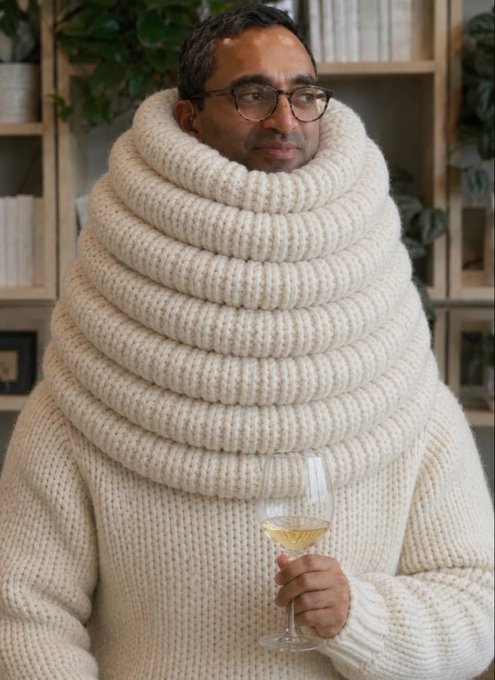 A man wearing glasses and an oversized, chunky cream-colored knit sweater with an exaggerated cowl neck holds a glass of white wine.