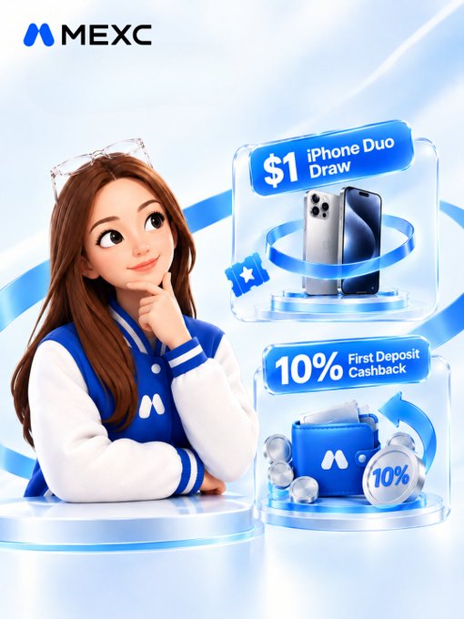 A MEXC cryptocurrency exchange promotional graphic features a 3D-styled female mascot beside text promoting a '$1 iPhone Duo Draw' and '10% First Deposit Cashback'.