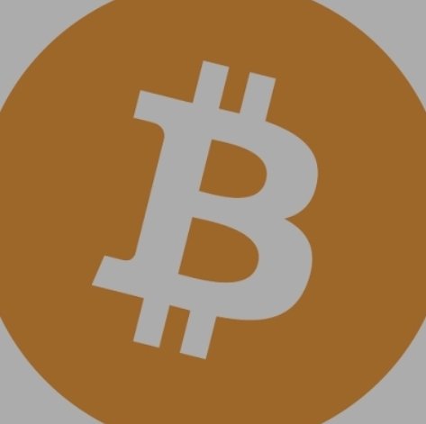 An orange circular Bitcoin (₿) logo on a light gray background.