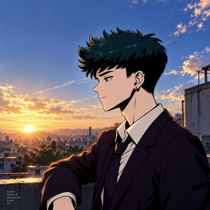 An anime-style illustration depicts a young man in a suit looking out over a city skyline at sunset, with small text "SAME HUSTLE BRIGHTER DAYS" in the corner.