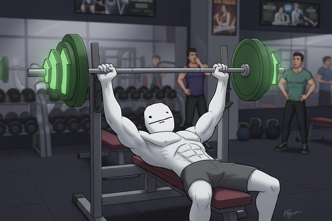 A digital illustration of a muscular white figure bench-pressing a barbell with glowing green weights in a gym setting.