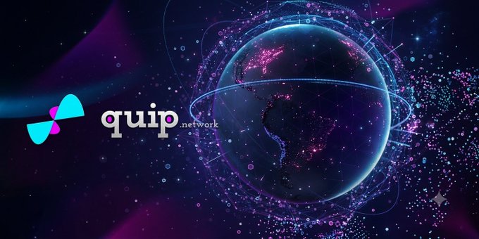 A digital banner displaying the 'quip network' logo alongside a stylized, glowing globe with purple and blue light trails against a dark space background.