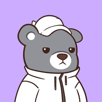 A cartoon illustration of a gray bear wearing a white hoodie against a purple background.