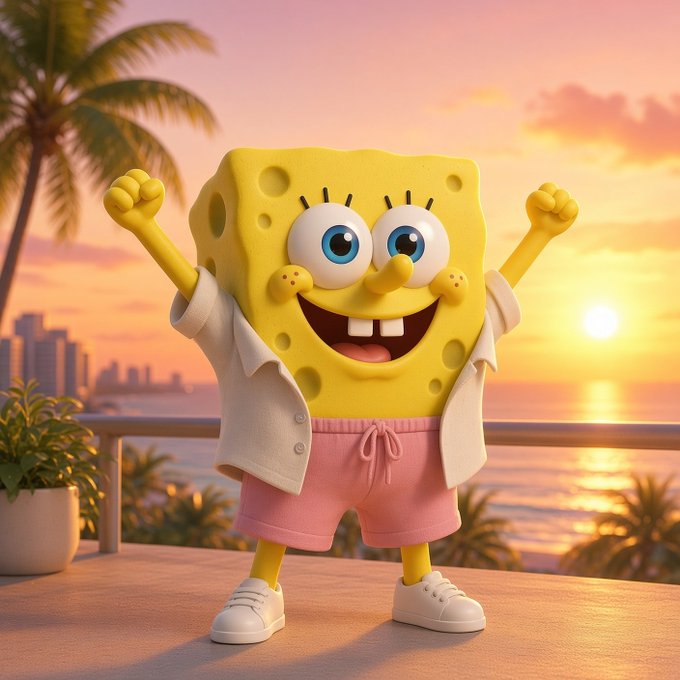 A 3D-rendered SpongeBob SquarePants character wearing a white shirt and pink shorts, standing with arms raised on a balcony at sunset.