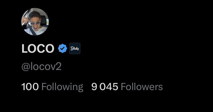 A Twitter/X profile screenshot for LOCO (@locov2) showing 9,045 followers, just 955 short of the 10,000 follower milestone the user is hoping to reach in their giveaway post offering $10 to 10 participants who engage with their $Stake promotion.