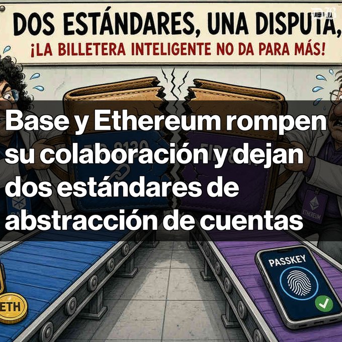 A Spanish-language graphic with cartoon wallets on a conveyor belt, titled "DOS ESTÁNDARES, UNA DISPUTA, ¡LA BILLETERA INTELIGENTE NO DA PARA MÁS!" with overlay text reading "Base y Ethereum rompen su colaboración y dejan dos estándares de abstracción de cuentas," and a phone displaying a "PASSKEY" fingerprint icon.