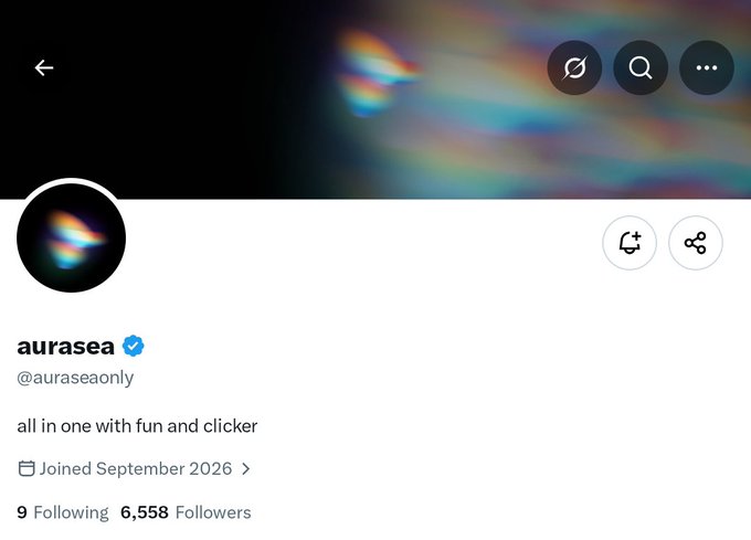 The image shows the Twitter/X profile of AuraSea (@auraseaonly), a verified account with 6,558 followers, bio reading "all in one with fun and clicker," joined September 2026, with an iridescent prism logo that ties directly to the post highlighting AuraSea's vision as a creator-first NFT launchpad uniting collection, community, and launch in one ecosystem.