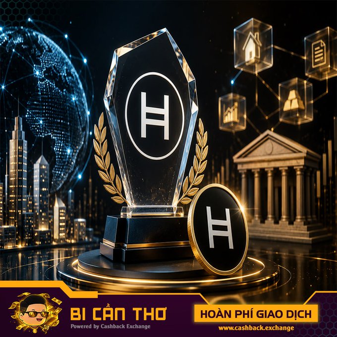 A promotional graphic showing an 'H' branded crystal trophy and coin with a city skyline background. Banner reads 'BI CÂN THO - Powered by Cashback Exchange - HOÀN PHÍ GIAO DỊCH - www.cashback.exchange'.