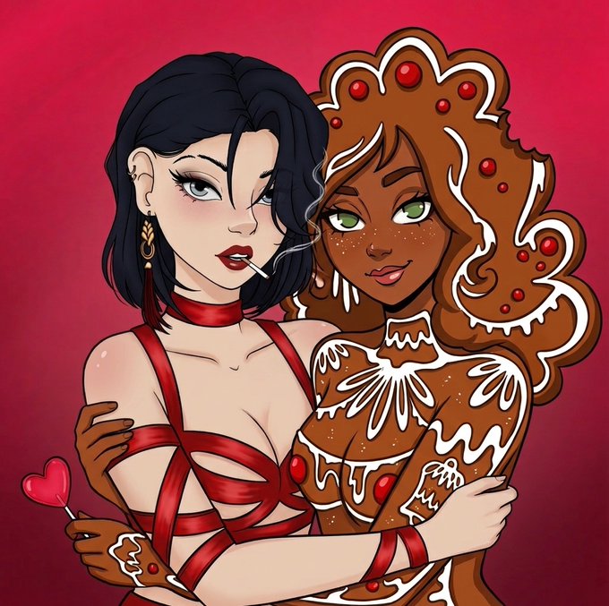 A digital illustration shows a dark-haired woman in red lingerie with a choker and dangling earrings embracing a gingerbread woman decorated with white icing and red candies, against a deep red background. The sensual yet playful artwork visually embodies the "MetaVixens and Muses" theme, blending seductive and whimsical elements to highlight the handcrafted NFT collection by @theinkedminkNFT and @mamoresxiv.