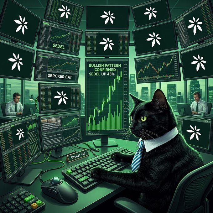 A digital illustration of a black cat wearing a tie and sitting at a keyboard in a high-tech trading setup, with multiple monitors displaying stock charts and a central screen reading "BULLISH PATTERN CONFIRMED $EDEL UP 45%".