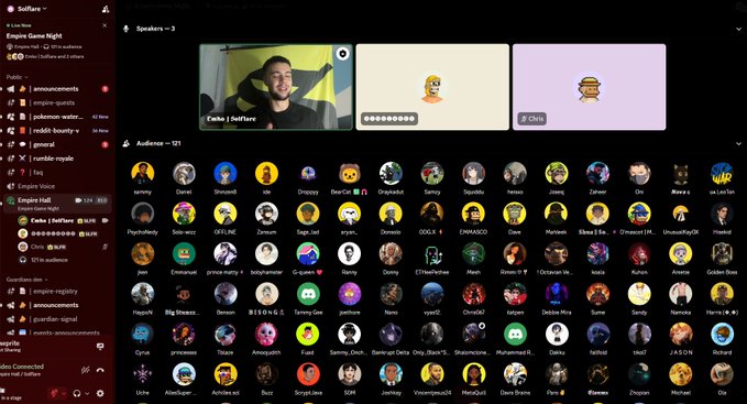 A Discord server interface titled 'Empire Game Night' shows three active speakers and a large audience list with numerous user avatars in a voice channel.