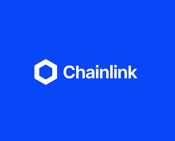 The Chainlink logo displayed on a solid blue background, showing a white hexagonal icon next to the word "Chainlink."
